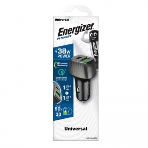 Energizer Car Charger: Power Delivery & QC3 - 38W - 1 USB-C & 1 USB-A