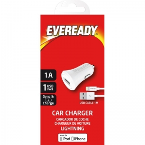 Eveready Car Charger 1A with iPhone (Lightning) Cable White